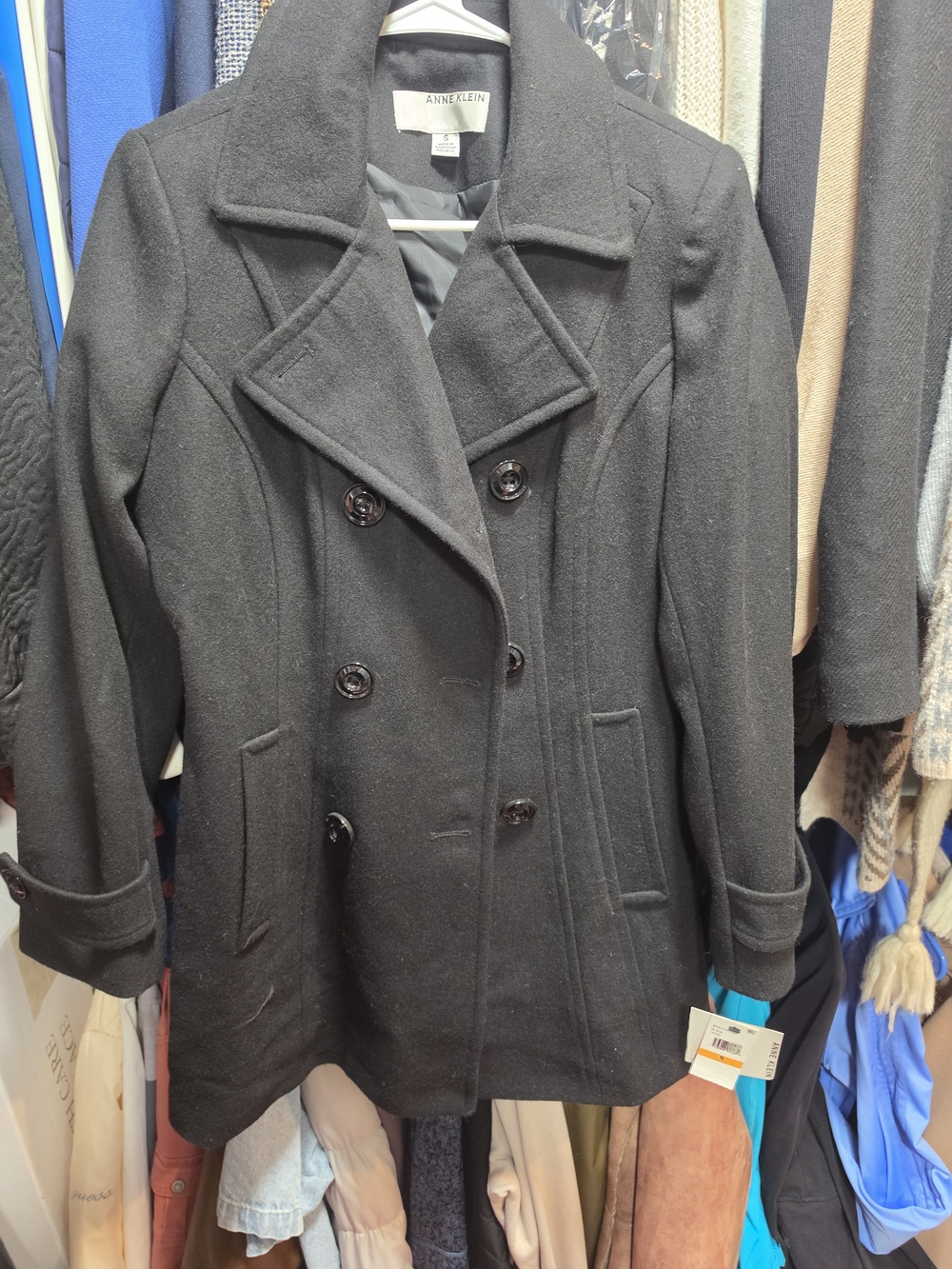 Anne Klein Black Double-Breasted Pea Coat with Notched Collar